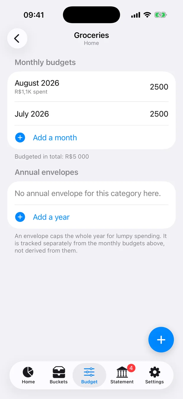 One category’s budget in one bucket across several months, with the annual envelope alongside.